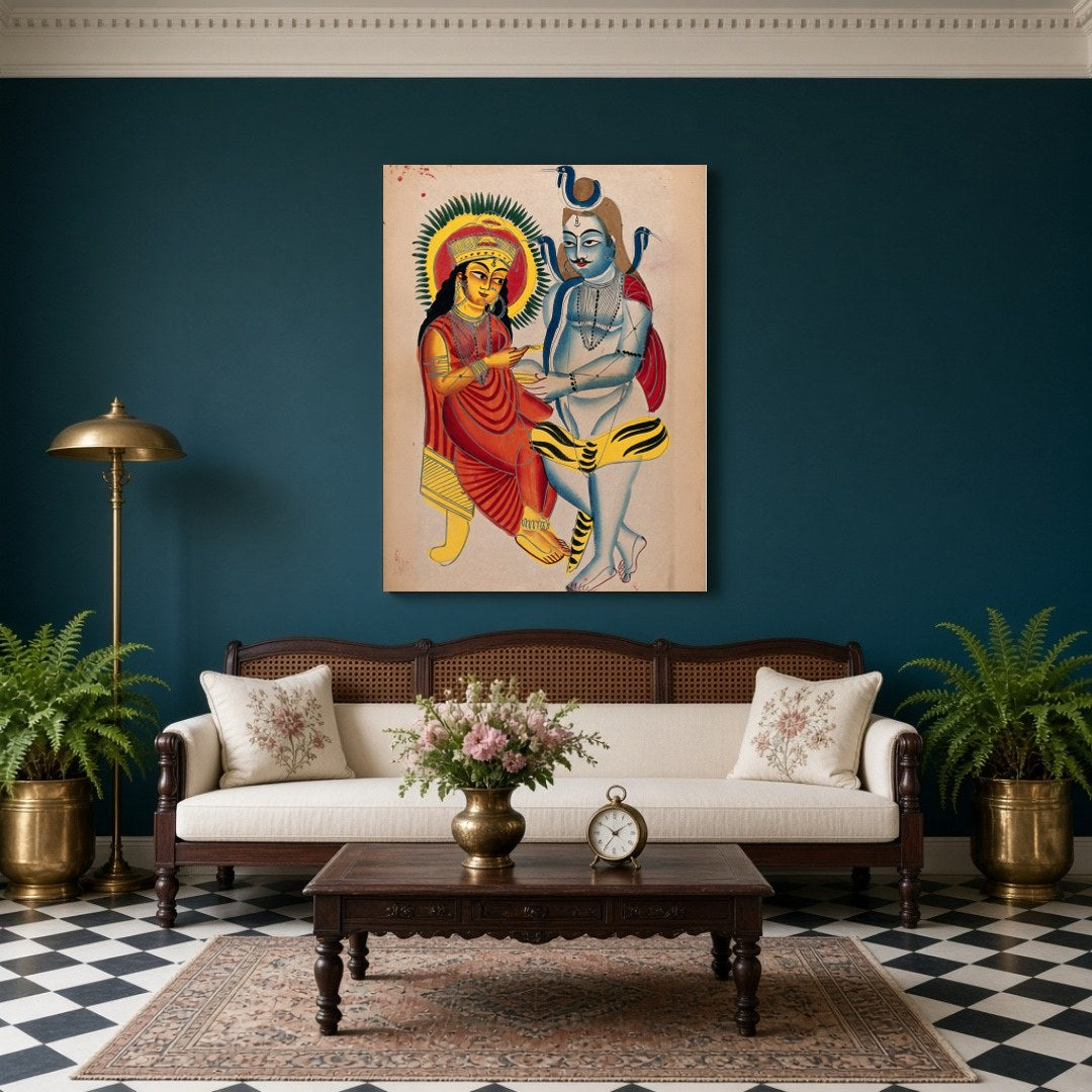 This captivating Kalighat art piece captures the serene and eternal bond between Lord Shiva and for Living Room