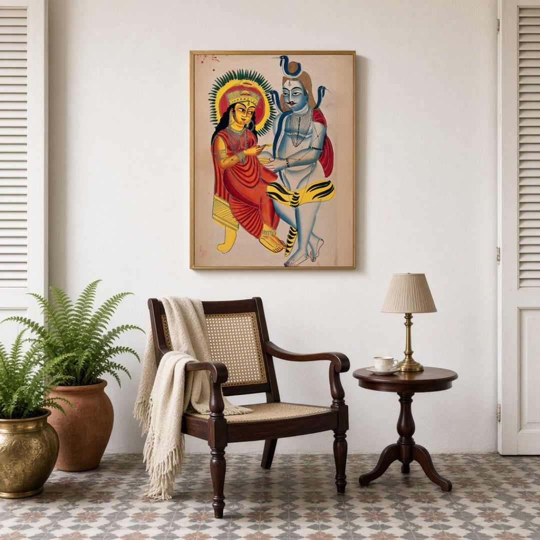 This captivating Kalighat art piece captures the serene and eternal bond between Lord Shiva and for Sitting Lounge
