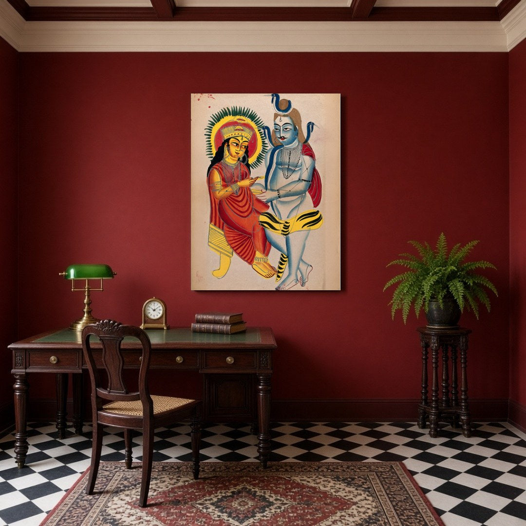 This captivating Kalighat art piece captures the serene and eternal bond between Lord Shiva and for Study