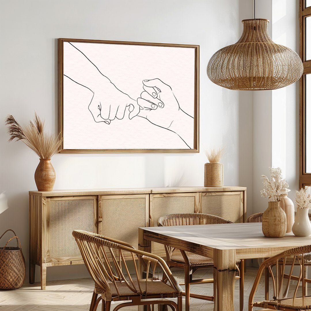 Elevate your space with this captivating minimalist line art, depicting two hands gently for Dining