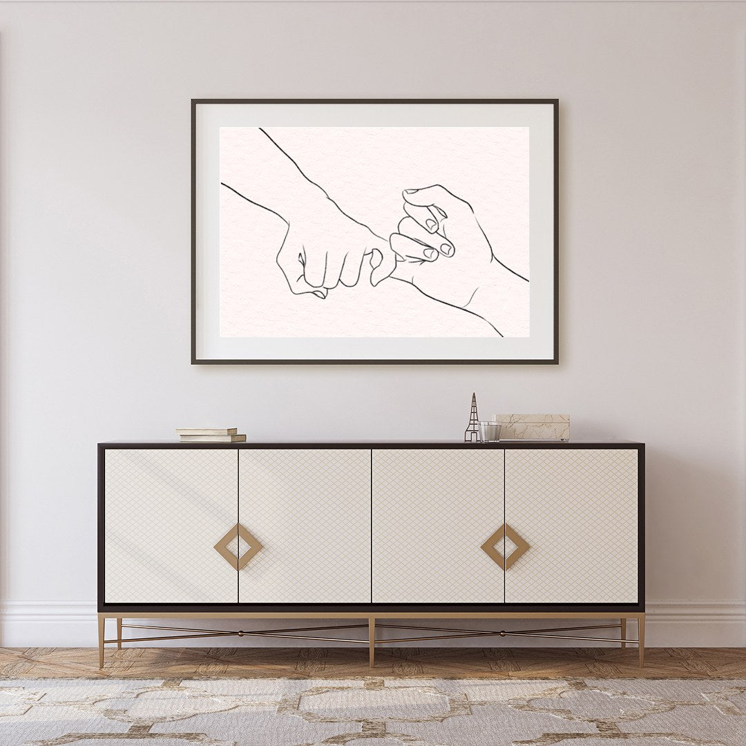 Elevate your space with this captivating minimalist line art, depicting two hands gently for Foyer