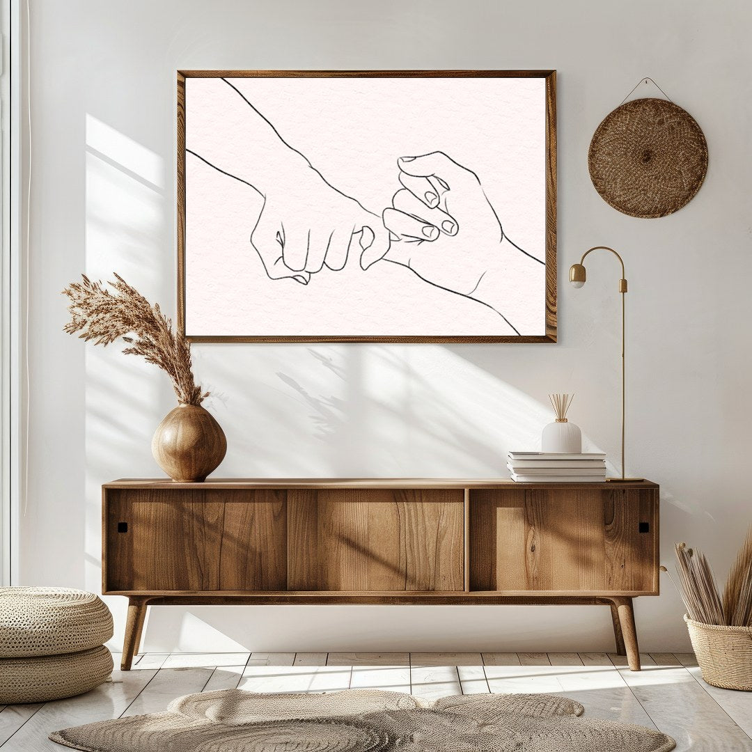 Elevate your space with this captivating minimalist line art, depicting two hands gently for Sitting Area