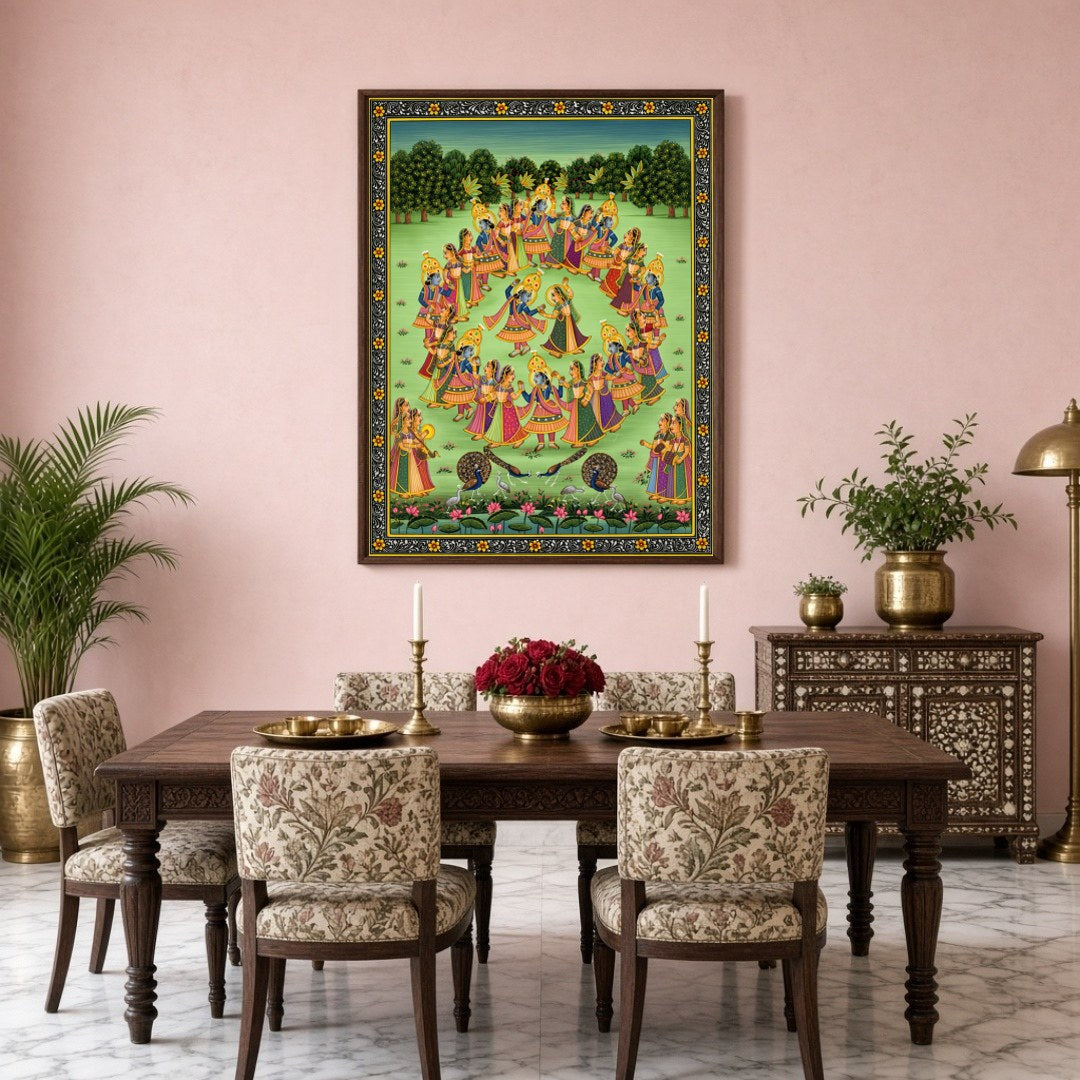 Immerse yourself in the enchanting world of Pichwai art with this captivating portrayal of Krishna for Dining