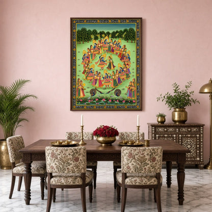 Immerse yourself in the enchanting world of Pichwai art with this captivating portrayal of Krishna for Dining