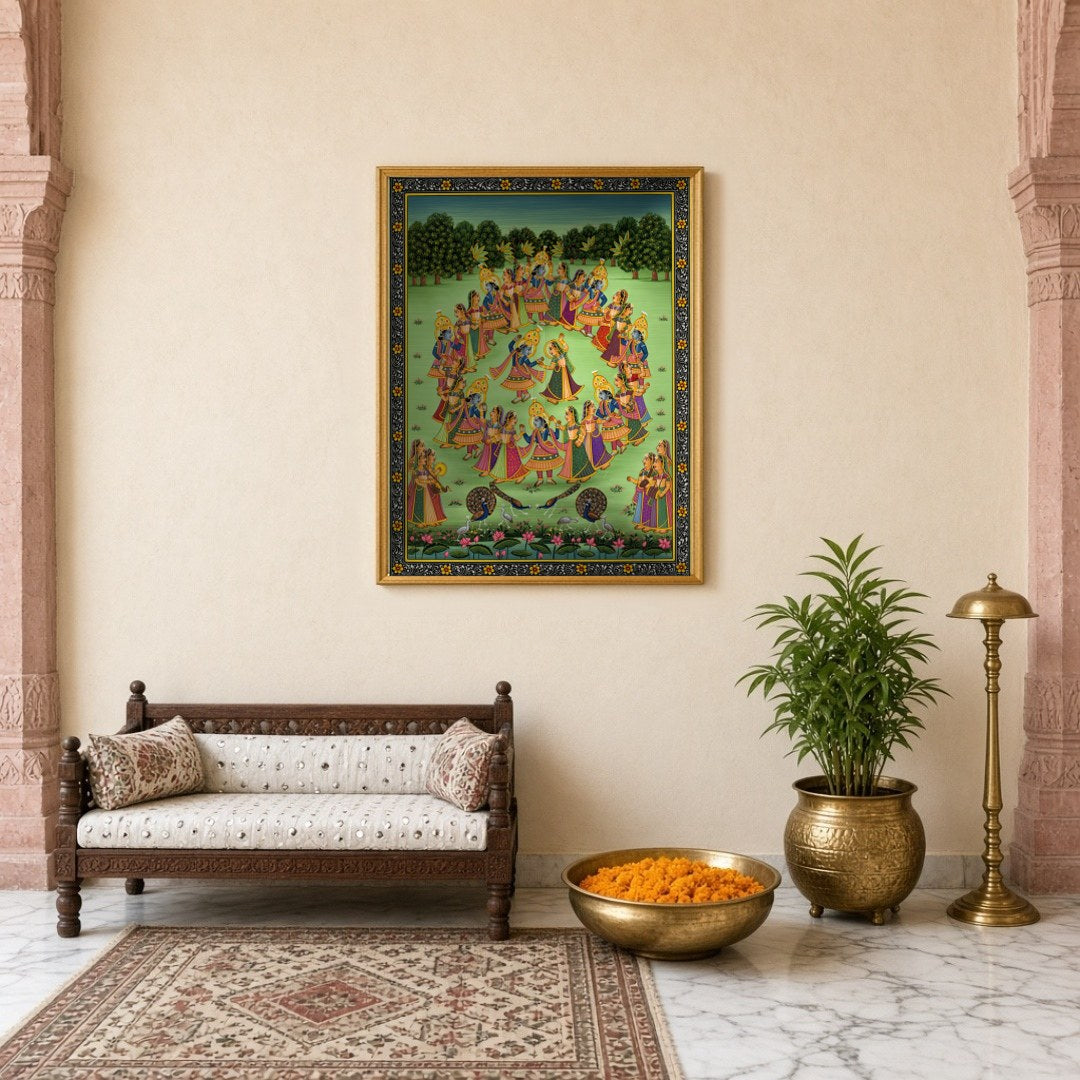 Immerse yourself in the enchanting world of Pichwai art with this captivating portrayal of Krishna for Entrance