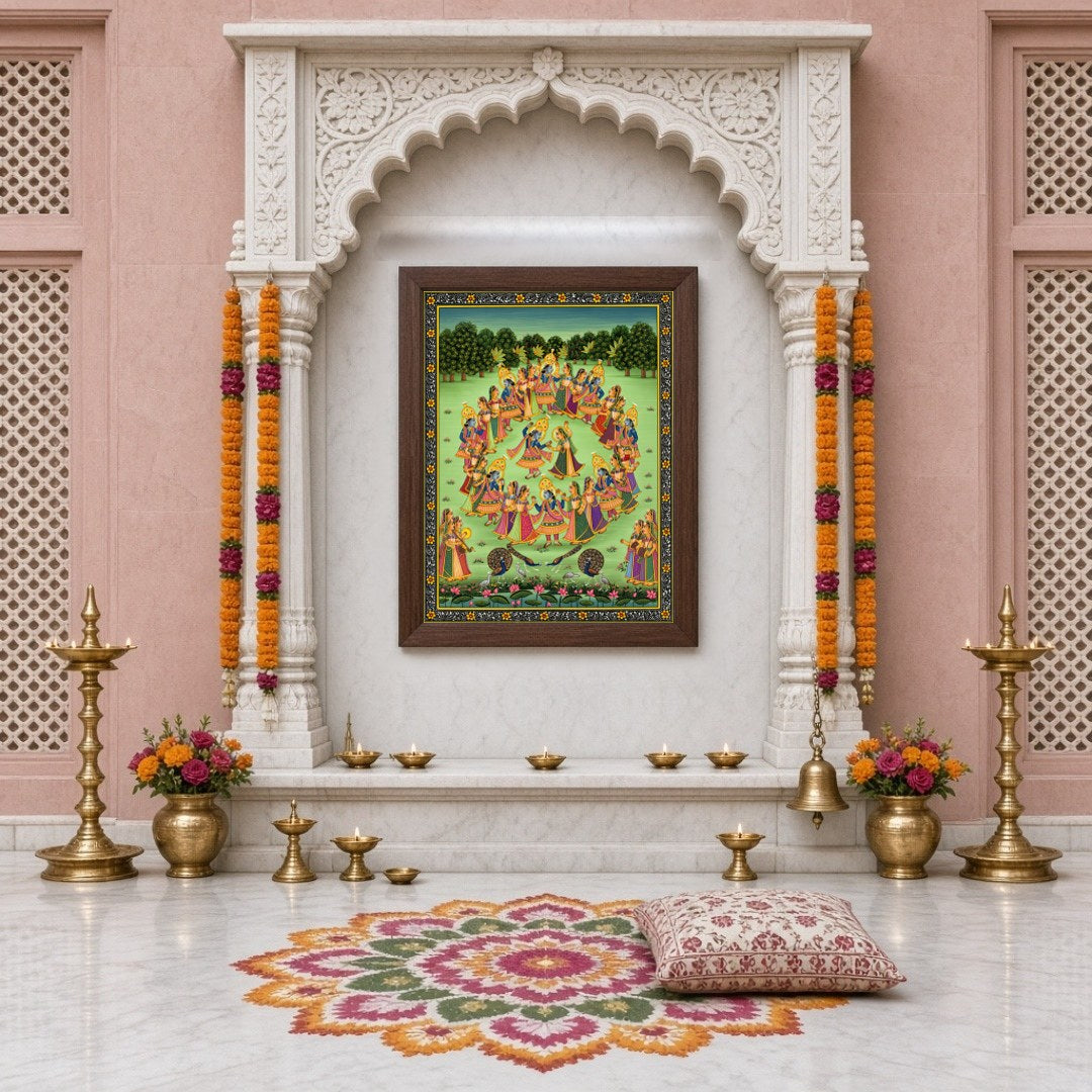 Immerse yourself in the enchanting world of Pichwai art with this captivating portrayal of Krishna for Home Temple