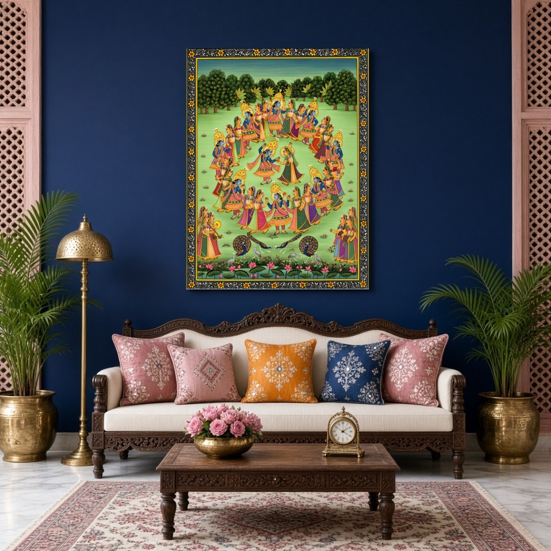 Immerse yourself in the enchanting world of Pichwai art with this captivating portrayal of Krishna for Living Room