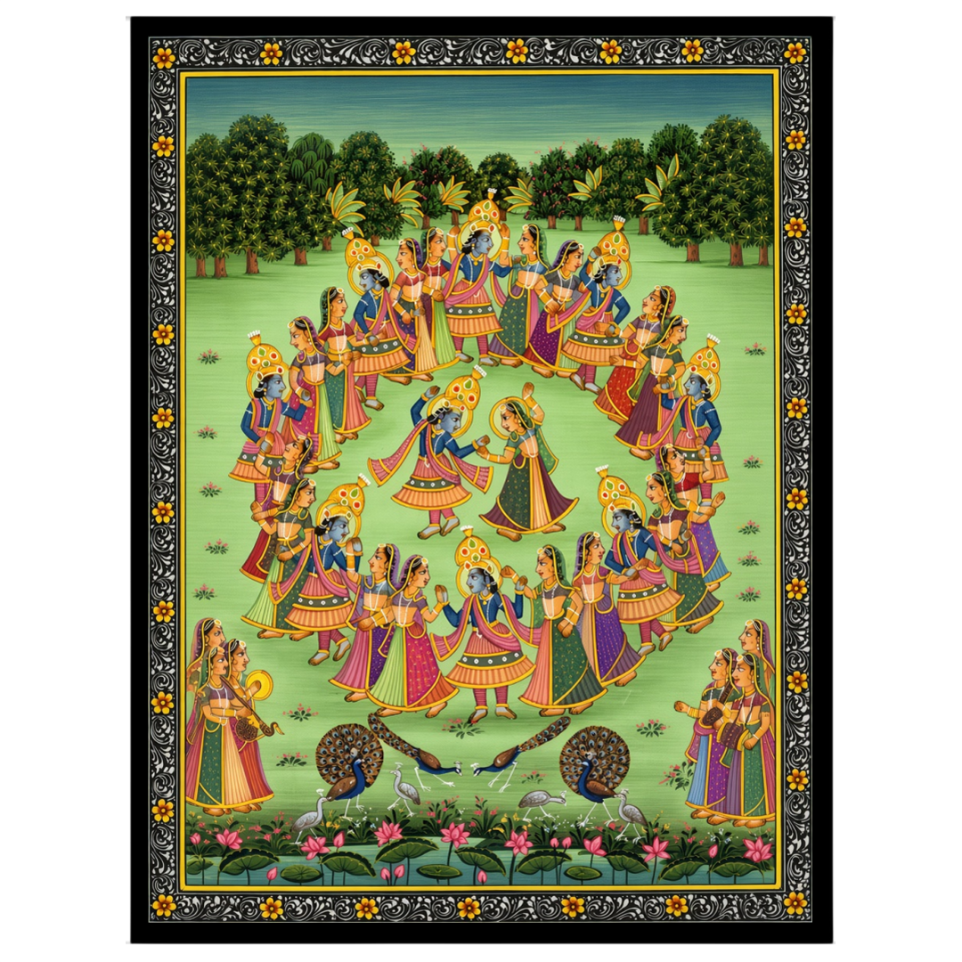 Immerse yourself in the enchanting world of Pichwai art with this captivating portrayal of Krishna for living-space