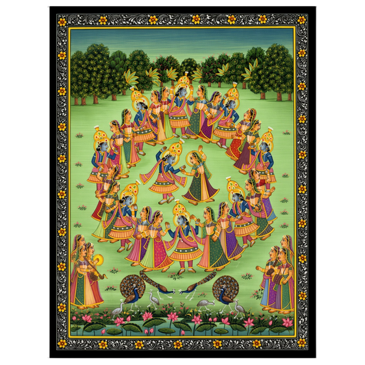Immerse yourself in the enchanting world of Pichwai art with this captivating portrayal of Krishna for living-space