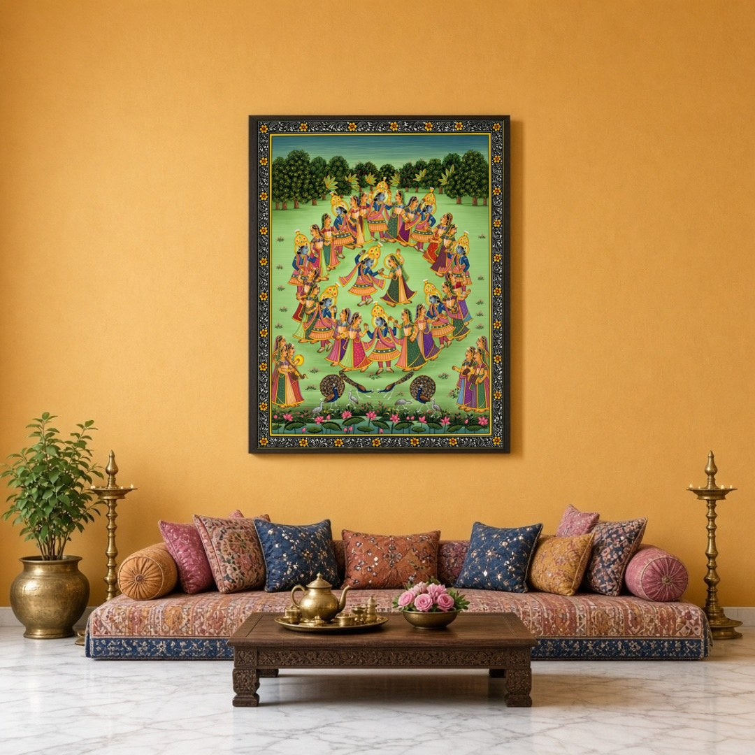 Immerse yourself in the enchanting world of Pichwai art with this captivating portrayal of Krishna for Sitting Lounge