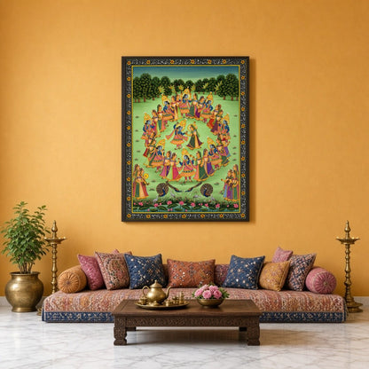 Immerse yourself in the enchanting world of Pichwai art with this captivating portrayal of Krishna for Sitting Lounge