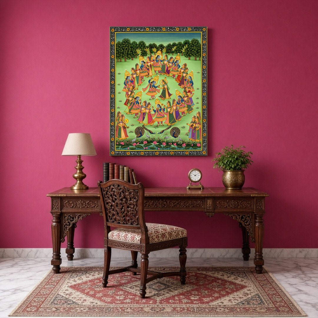 Immerse yourself in the enchanting world of Pichwai art with this captivating portrayal of Krishna for Study