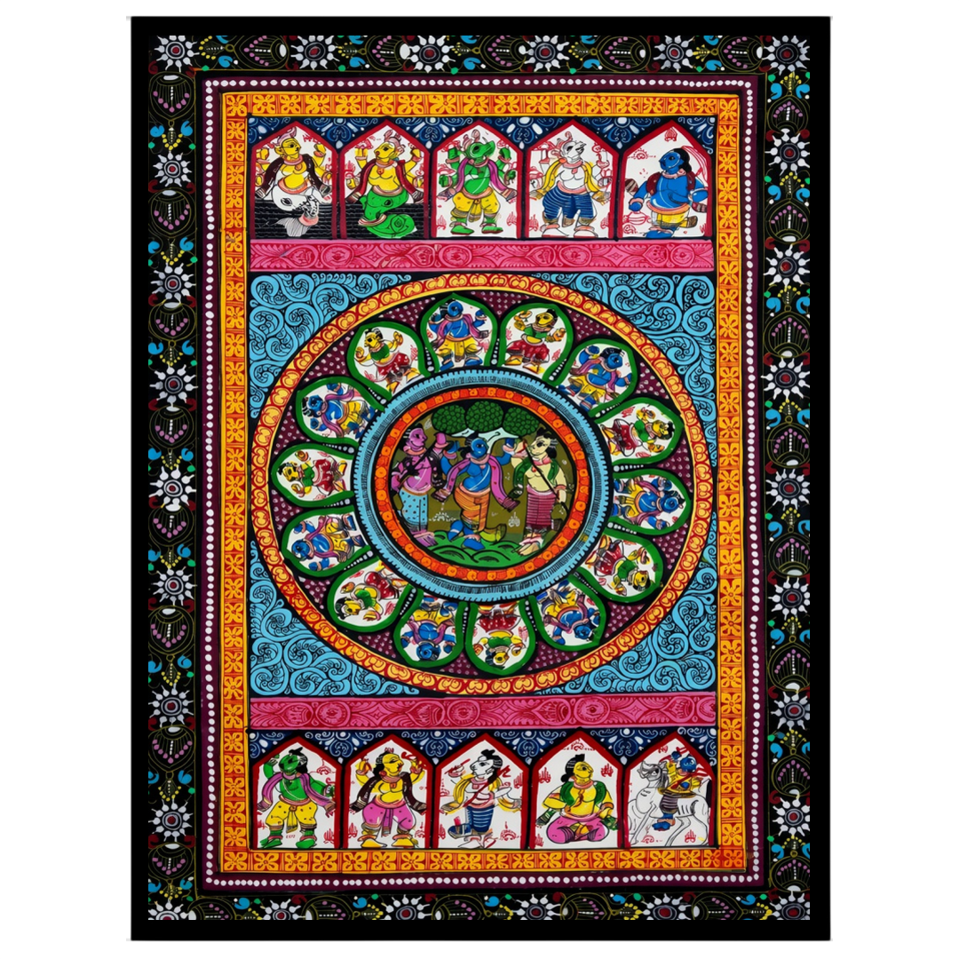 Immerse yourself in the mesmerizing scene of Radha and Krishna's divine dance, an evocative for area