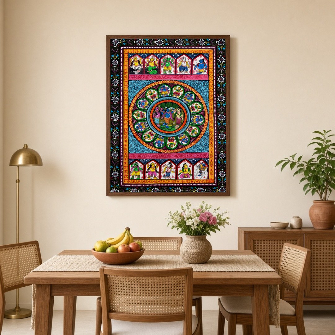 Immerse yourself in the mesmerizing scene of Radha and Krishna's divine dance, an evocative for Dining