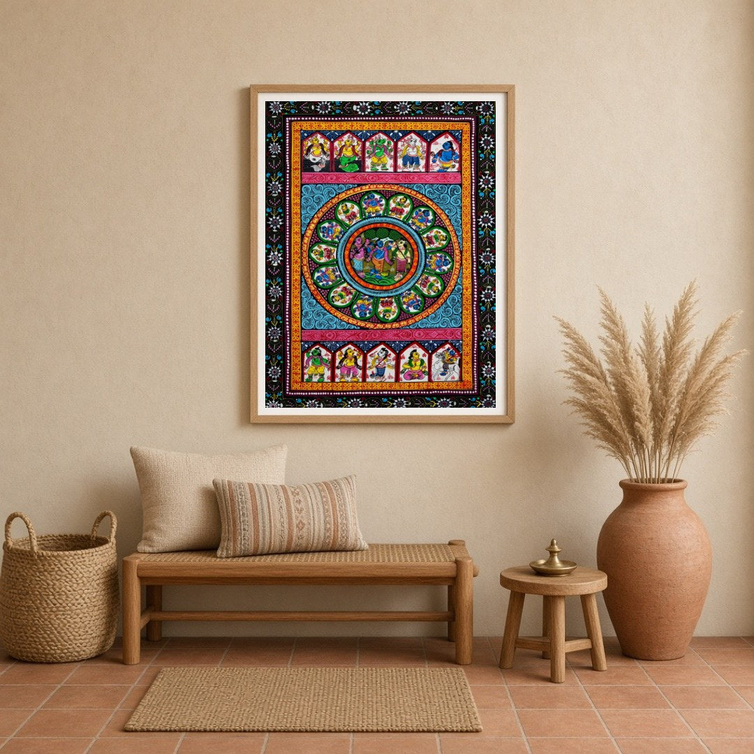 Immerse yourself in the mesmerizing scene of Radha and Krishna's divine dance, an evocative for Entrance