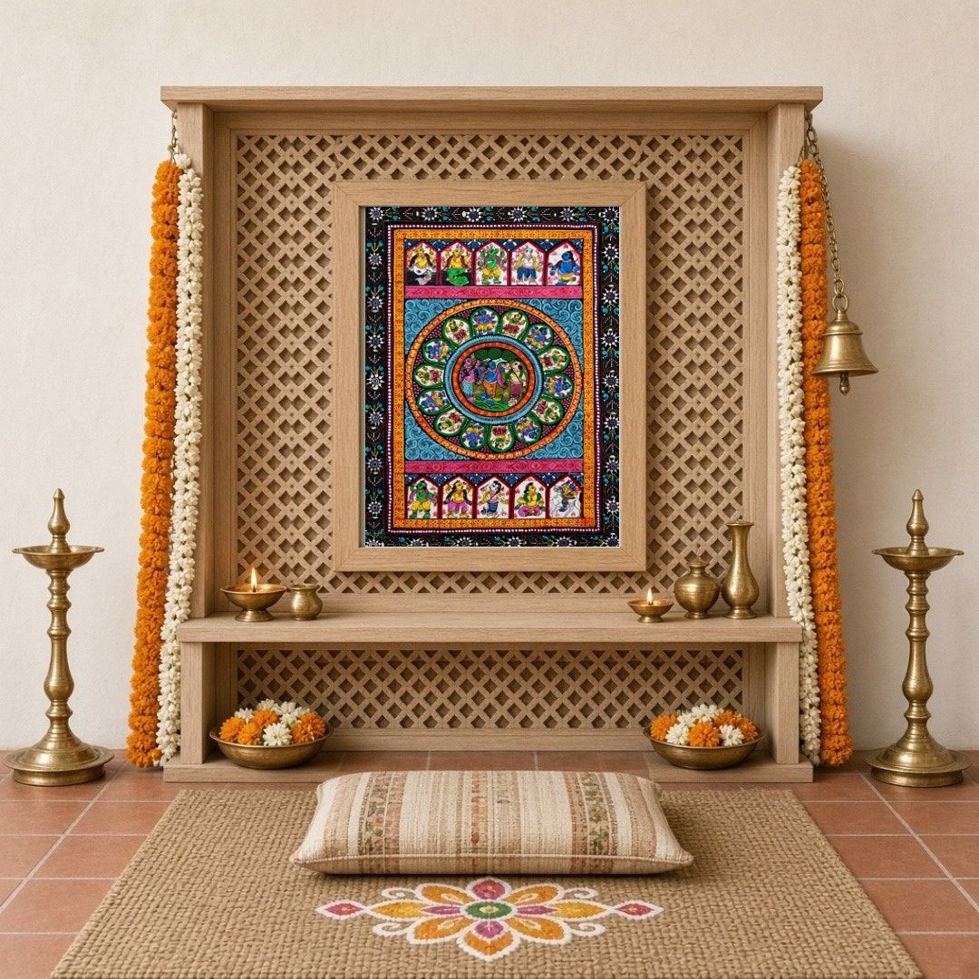 Immerse yourself in the mesmerizing scene of Radha and Krishna's divine dance, an evocative for Home Temple