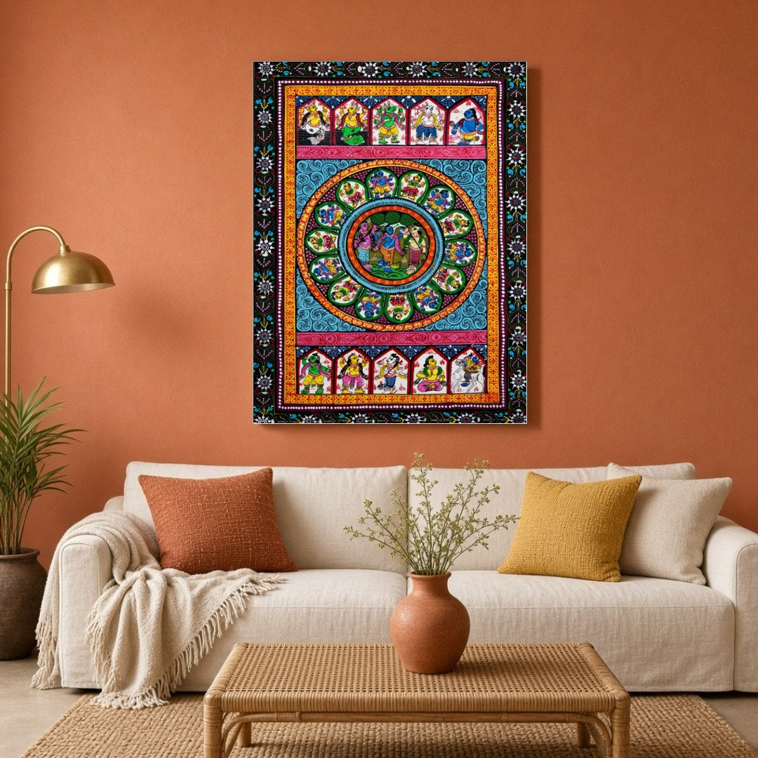 Immerse yourself in the mesmerizing scene of Radha and Krishna's divine dance, an evocative for Living Room