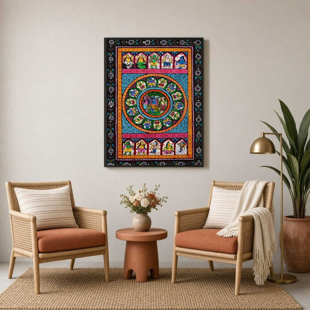 Immerse yourself in the mesmerizing scene of Radha and Krishna's divine dance, an evocative for Sitting Lounge