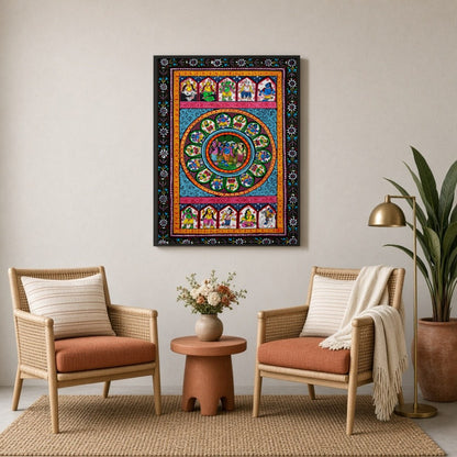 Immerse yourself in the mesmerizing scene of Radha and Krishna's divine dance, an evocative for Sitting Lounge
