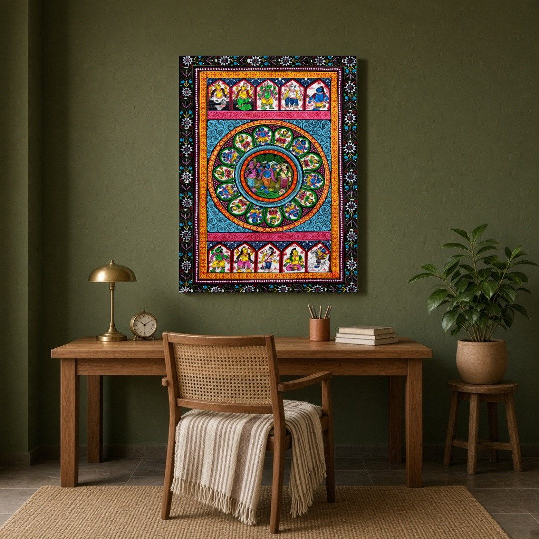 Immerse yourself in the mesmerizing scene of Radha and Krishna's divine dance, an evocative for Study