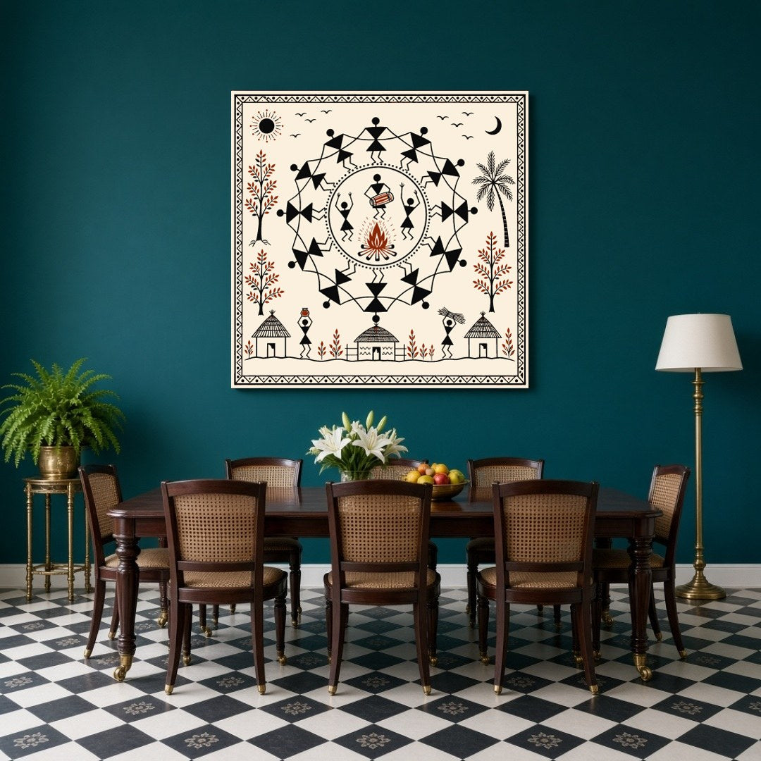 Immerse yourself in the rhythmic celebration of tribal life with this captivating Warli art print. for Dining