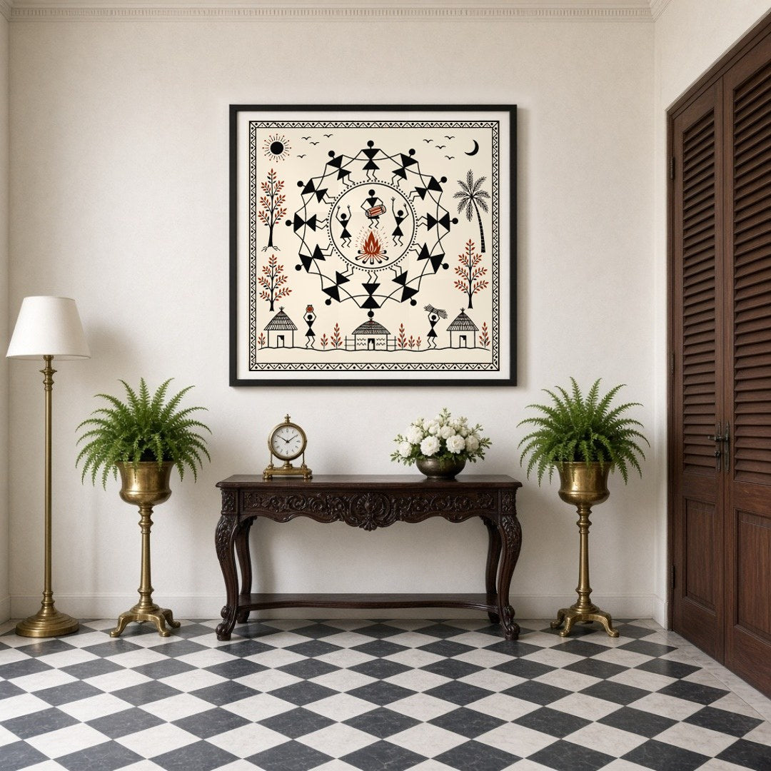 Immerse yourself in the rhythmic celebration of tribal life with this captivating Warli art print. for Entrance