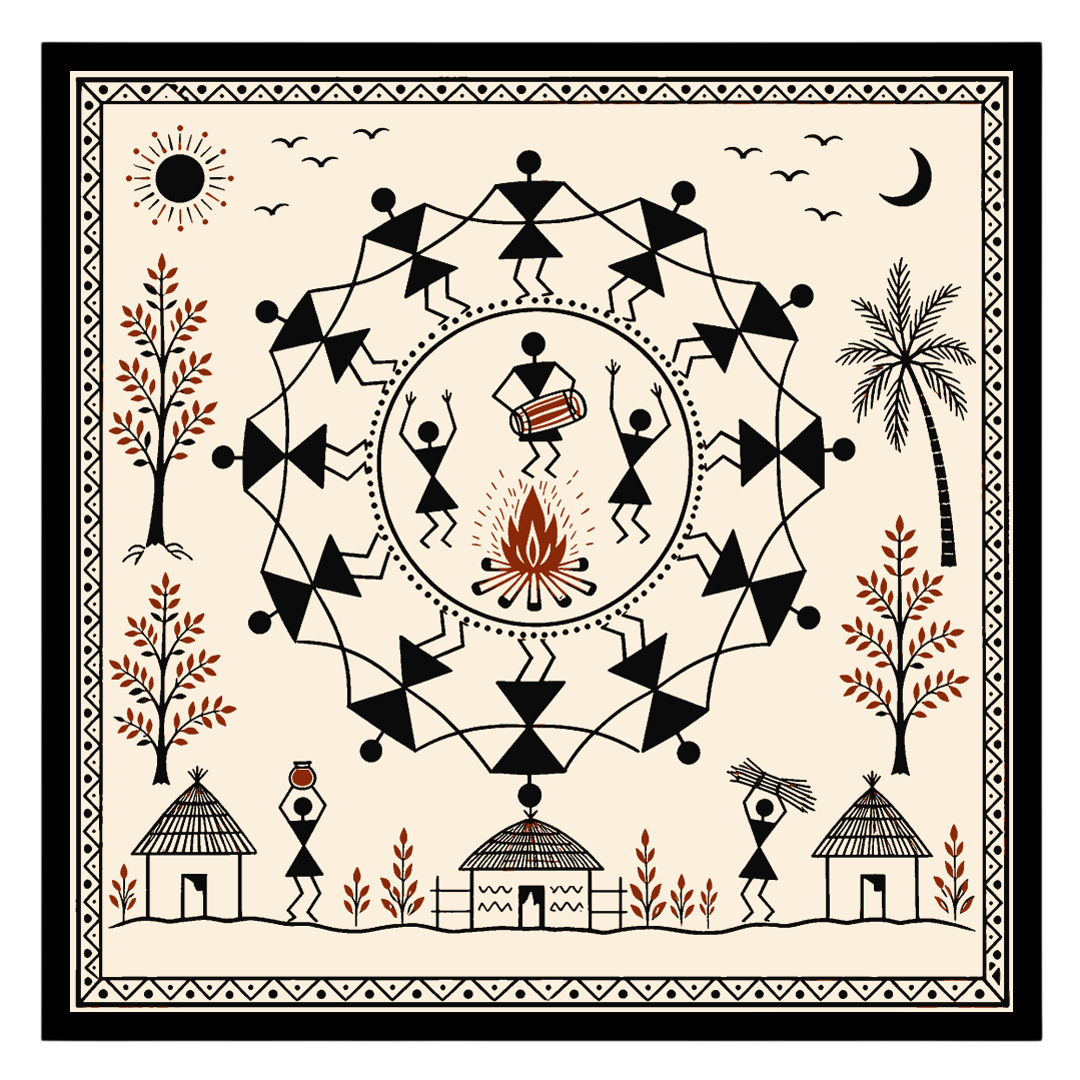 Immerse yourself in the rhythmic celebration of tribal life with this captivating Warli art print. for interior