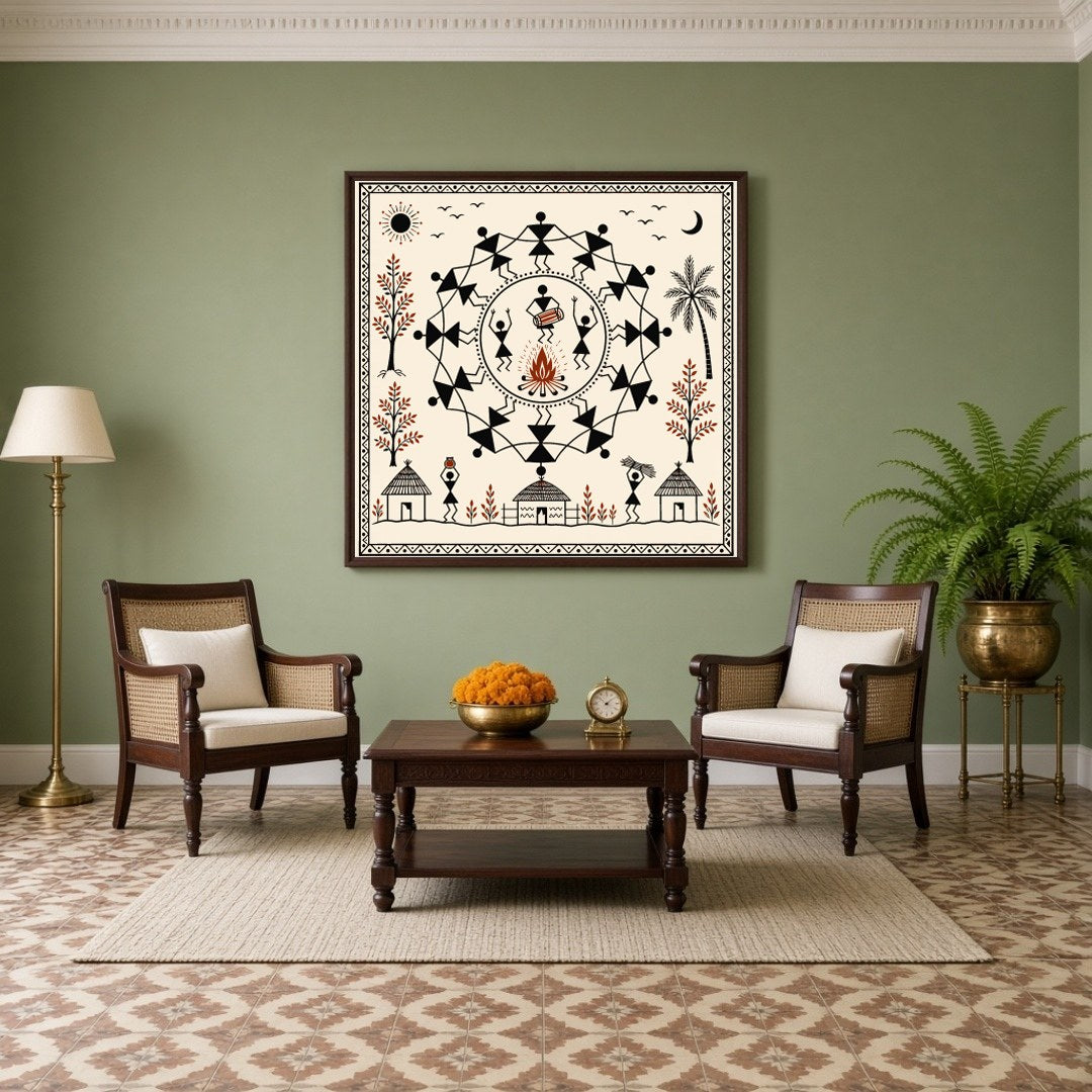 Immerse yourself in the rhythmic celebration of tribal life with this captivating Warli art print. for Living Room