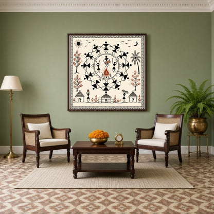 Immerse yourself in the rhythmic celebration of tribal life with this captivating Warli art print. for Living Room