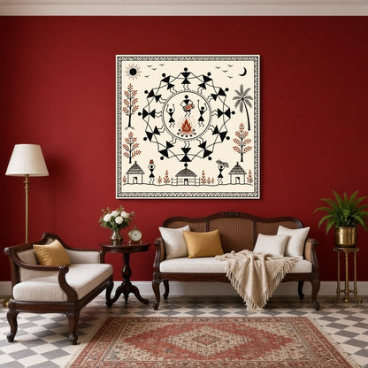 Immerse yourself in the rhythmic celebration of tribal life with this captivating Warli art print. for Sitting Area