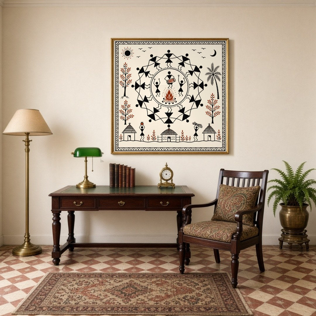 Immerse yourself in the rhythmic celebration of tribal life with this captivating Warli art print. for Study