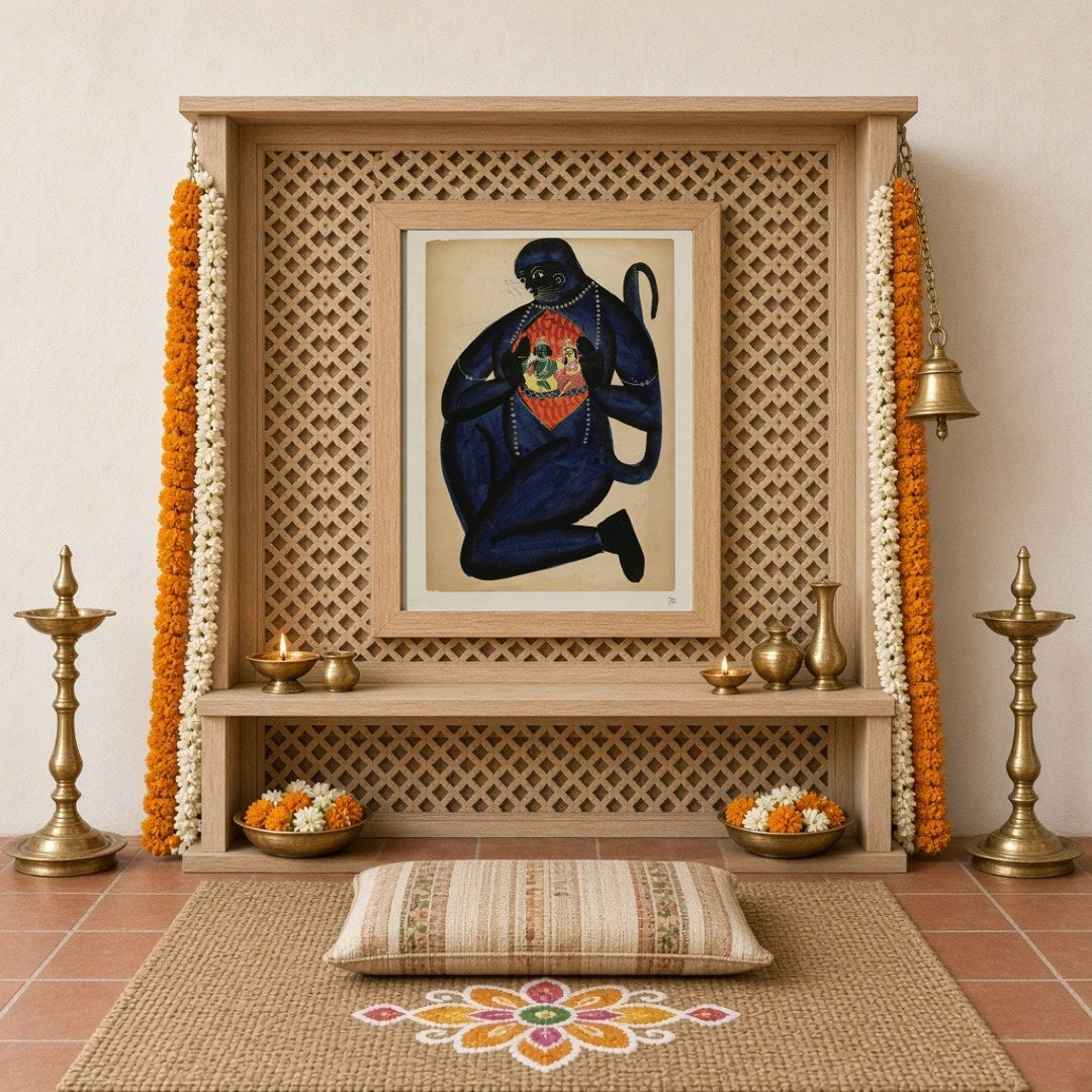 Immerse yourself in a captivating piece of Ramayana art with this stunning depiction of Hanuman for Home Temple