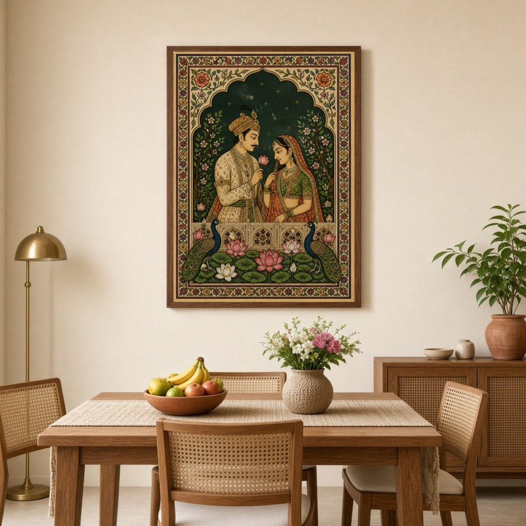 Immerse in the timeless love of Radha and Krishna, beautifully captured in this Indian Miniature for Dining