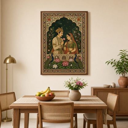 Immerse in the timeless love of Radha and Krishna, beautifully captured in this Indian Miniature for Dining