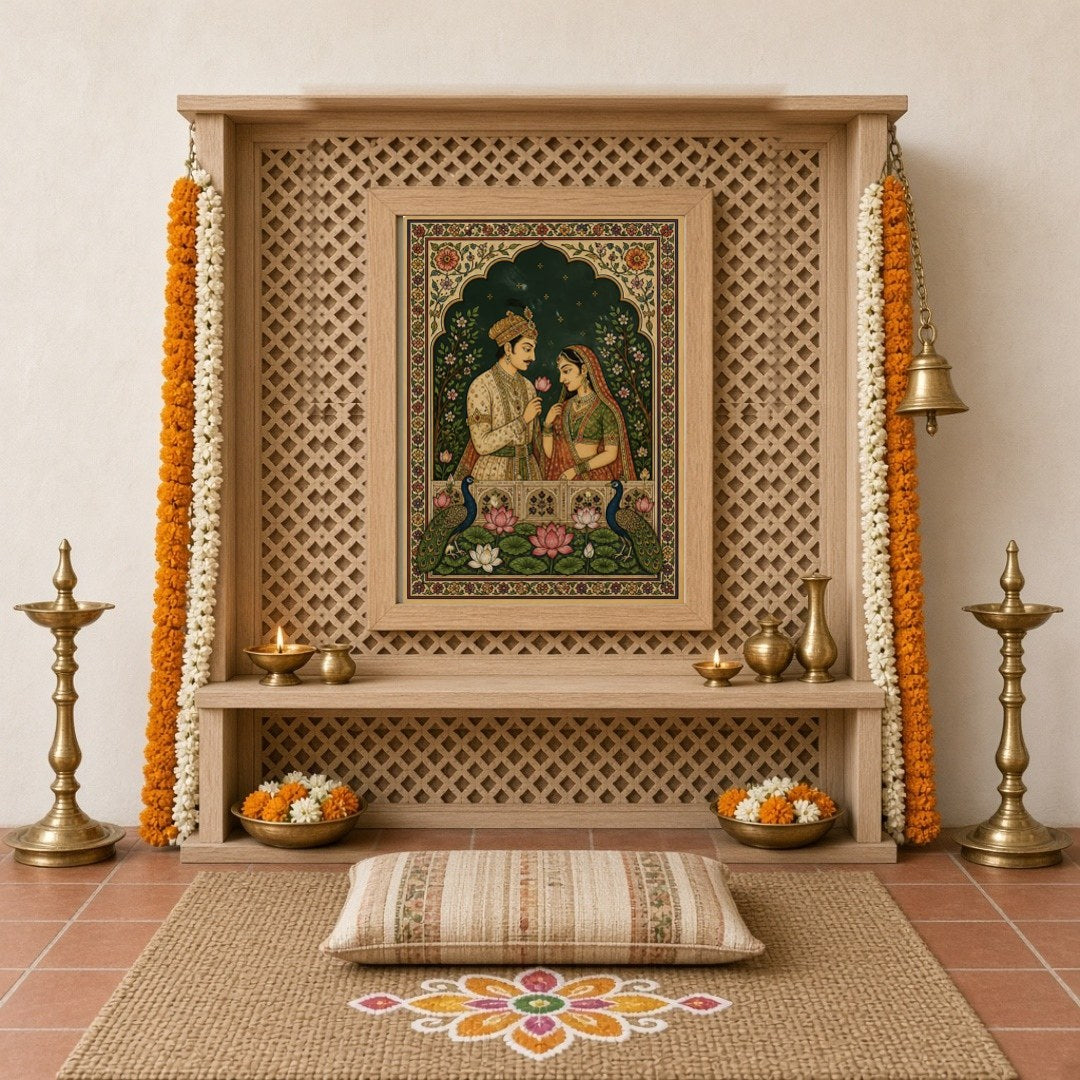 Immerse in the timeless love of Radha and Krishna, beautifully captured in this Indian Miniature for Home Temple