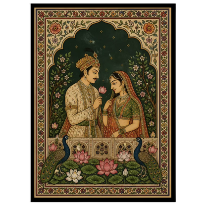 Immerse in the timeless love of Radha and Krishna, beautifully captured in this Indian Miniature for retreat
