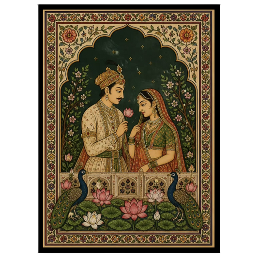 Immerse in the timeless love of Radha and Krishna, beautifully captured in this Indian Miniature for retreat