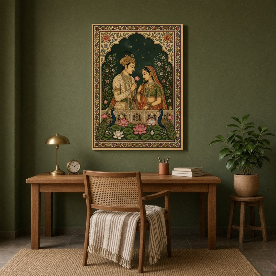 Immerse in the timeless love of Radha and Krishna, beautifully captured in this Indian Miniature for Study