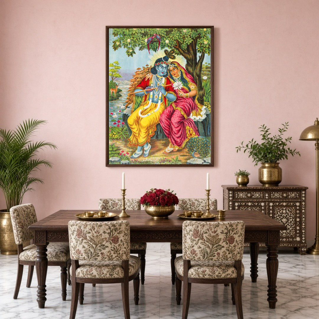 This exquisite artwork captures the timeless romance of Radha and Krishna seated under a lush, for Dining