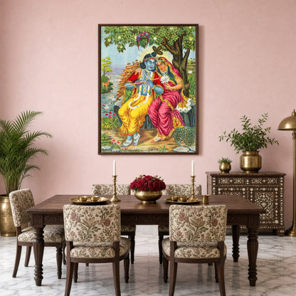 This exquisite artwork captures the timeless romance of Radha and Krishna seated under a lush, for Dining