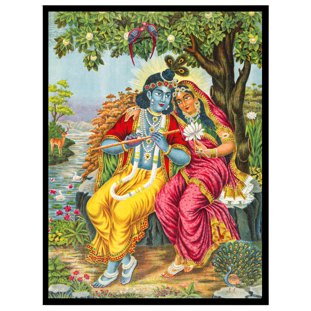 This exquisite artwork captures the timeless romance of Radha and Krishna seated under a lush, for dwelling