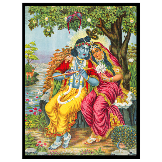 This exquisite artwork captures the timeless romance of Radha and Krishna seated under a lush, for dwelling
