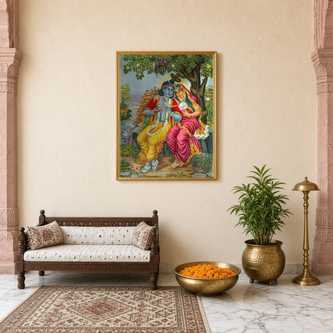 This exquisite artwork captures the timeless romance of Radha and Krishna seated under a lush, for Entrance
