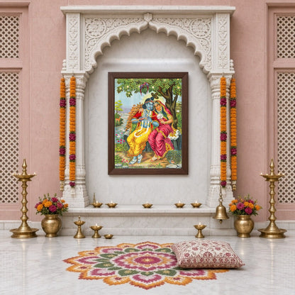 This exquisite artwork captures the timeless romance of Radha and Krishna seated under a lush, for Home Temple