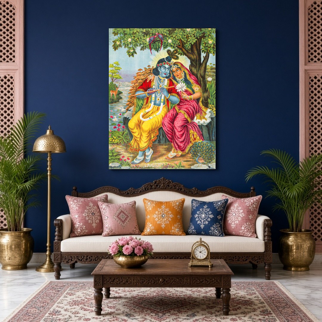 This exquisite artwork captures the timeless romance of Radha and Krishna seated under a lush, for Living Room