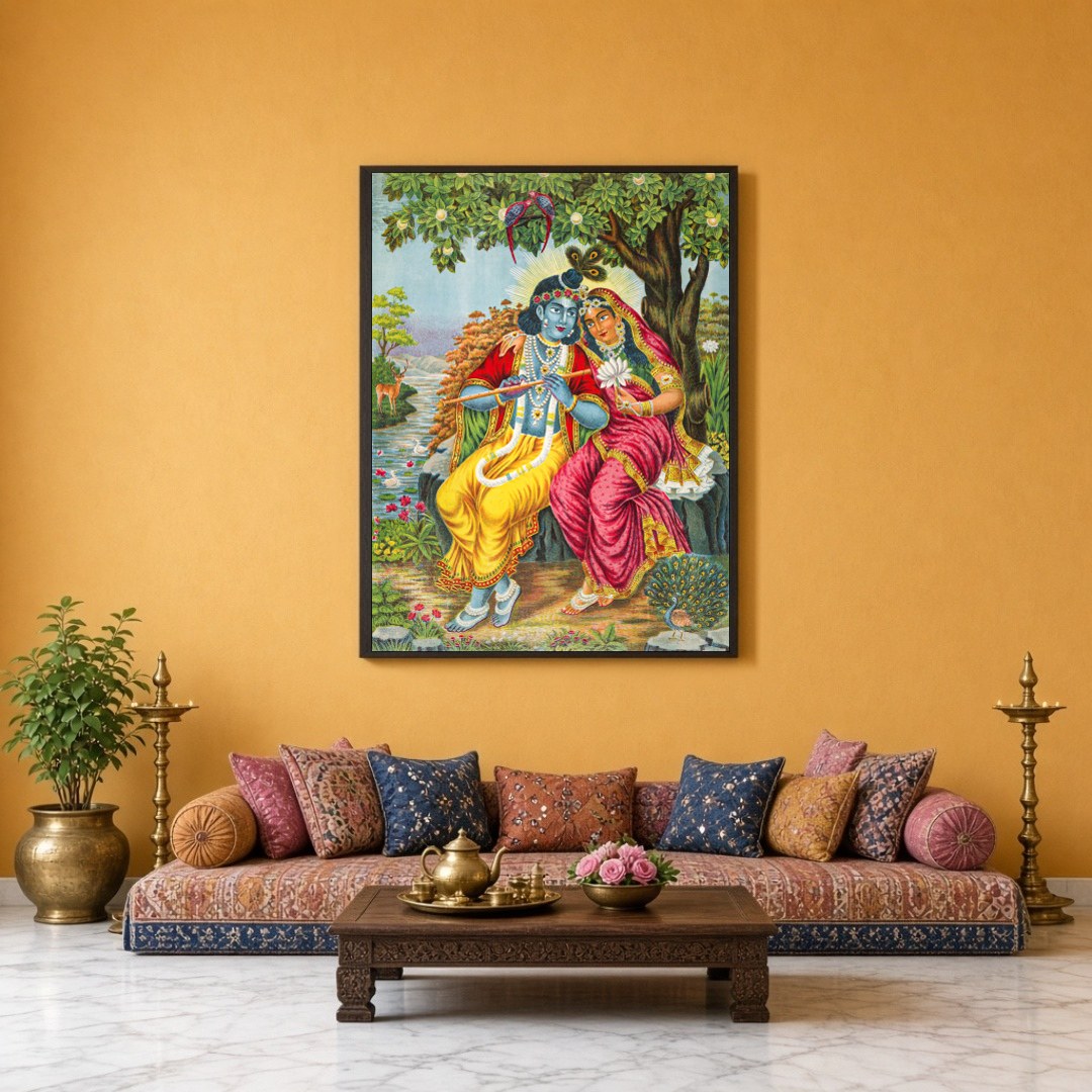 This exquisite artwork captures the timeless romance of Radha and Krishna seated under a lush, for Sitting Lounge
