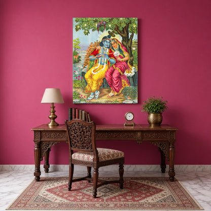 This exquisite artwork captures the timeless romance of Radha and Krishna seated under a lush, for Study