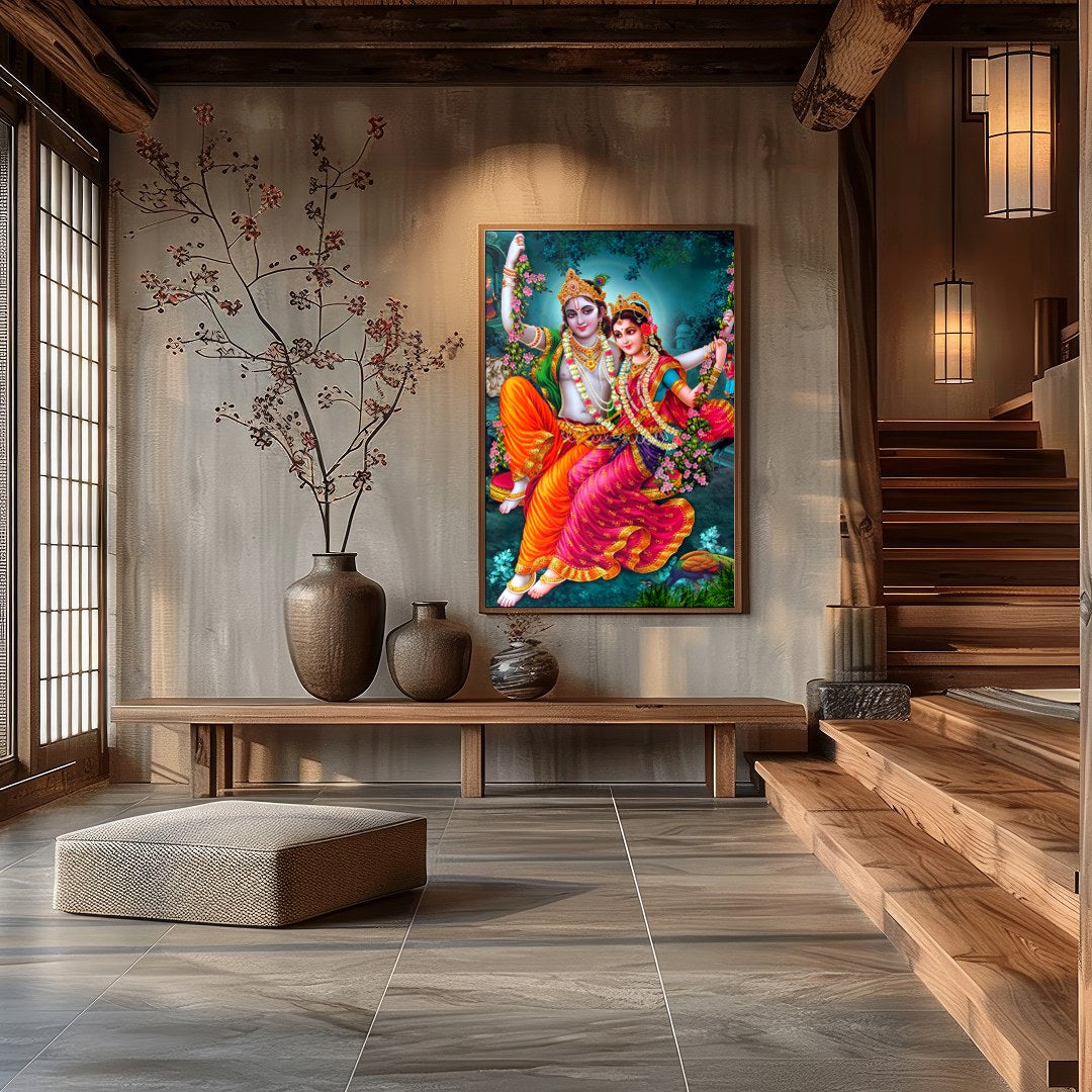 Experience the enchanting beauty of this divine artwork, featuring a celestial couple gracefully for Hall