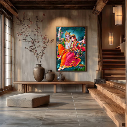 Experience the enchanting beauty of this divine artwork, featuring a celestial couple gracefully for Hall