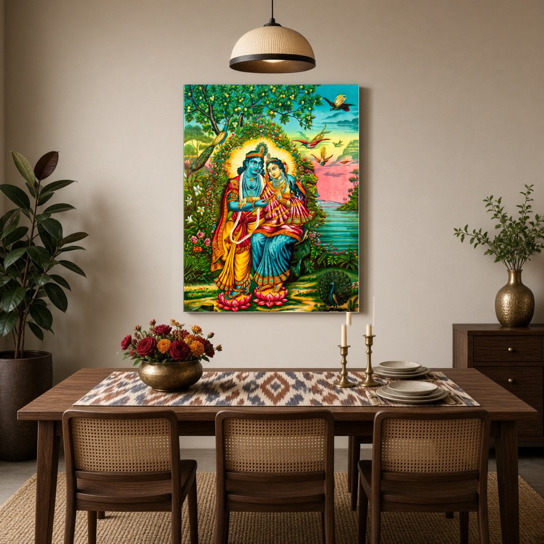 Immerse yourself in the serene beauty of this exquisite Pichwai artwork. Featuring the divine for Dining